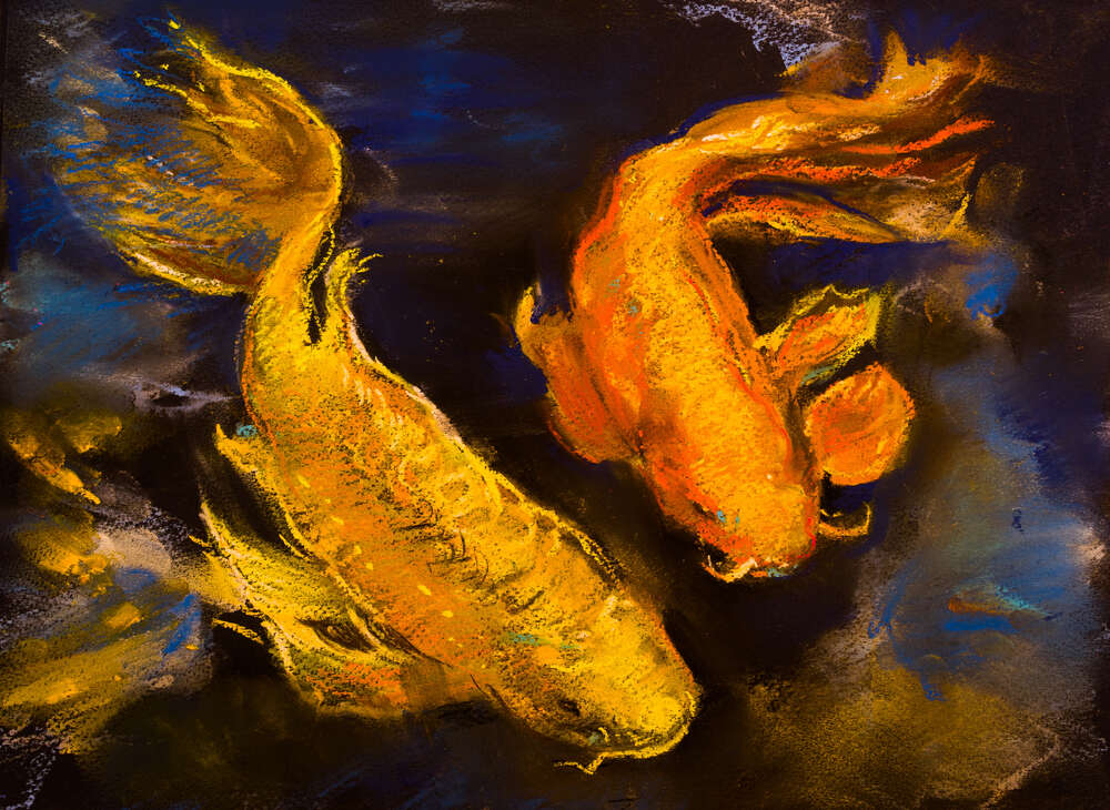 картина-постер Золотые силуэты рыб виднеются у поверхности воды