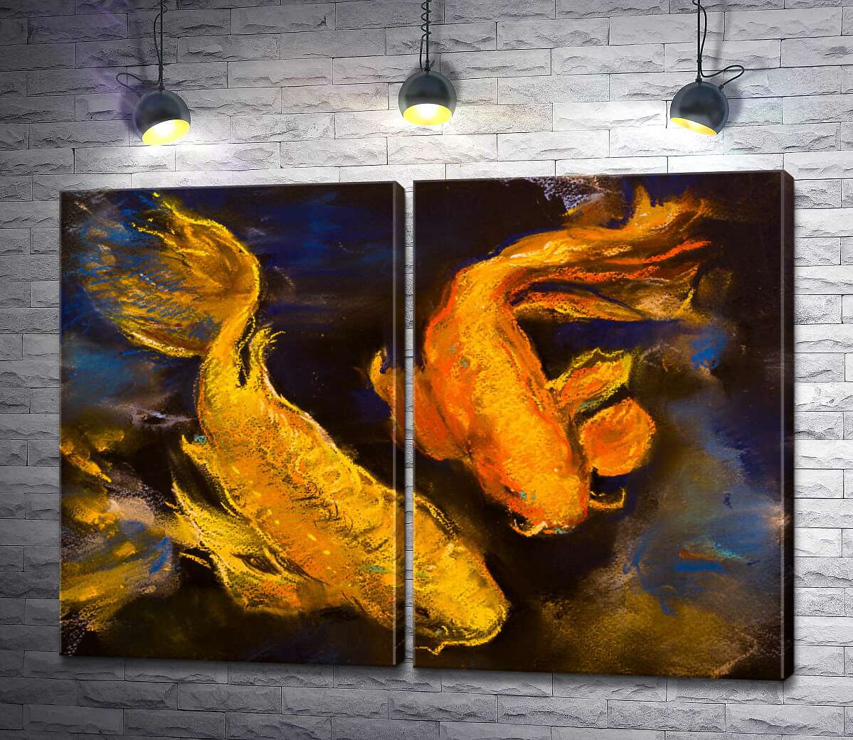 модульная картина Золотые силуэты рыб виднеются у поверхности воды