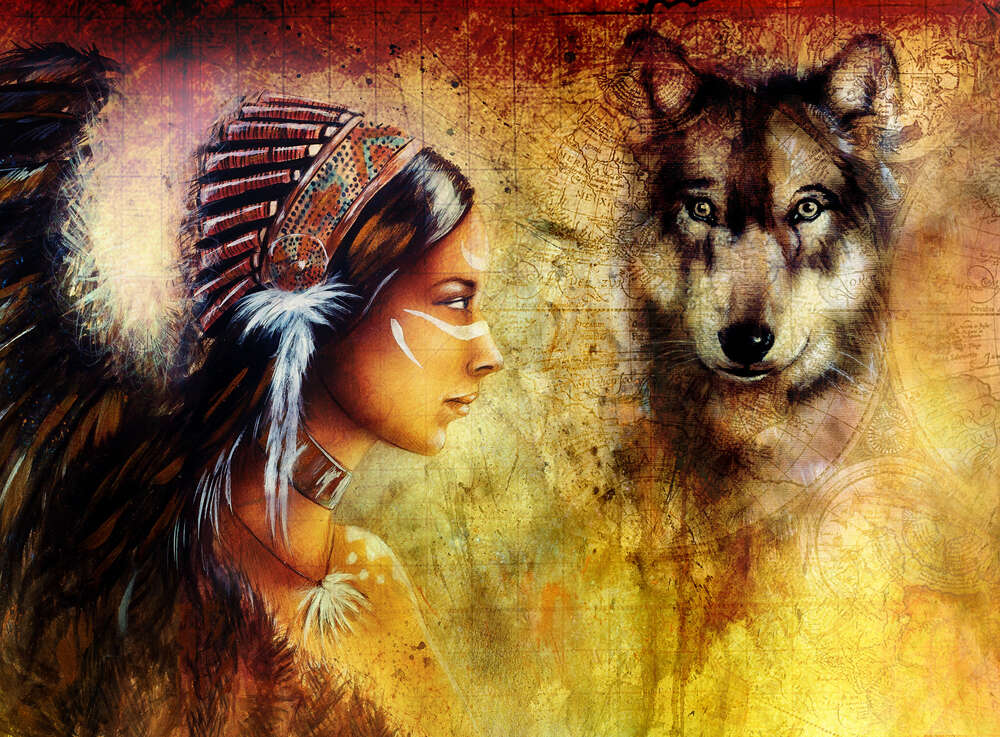 картина-постер Сочетание силуэтов индианки и волка