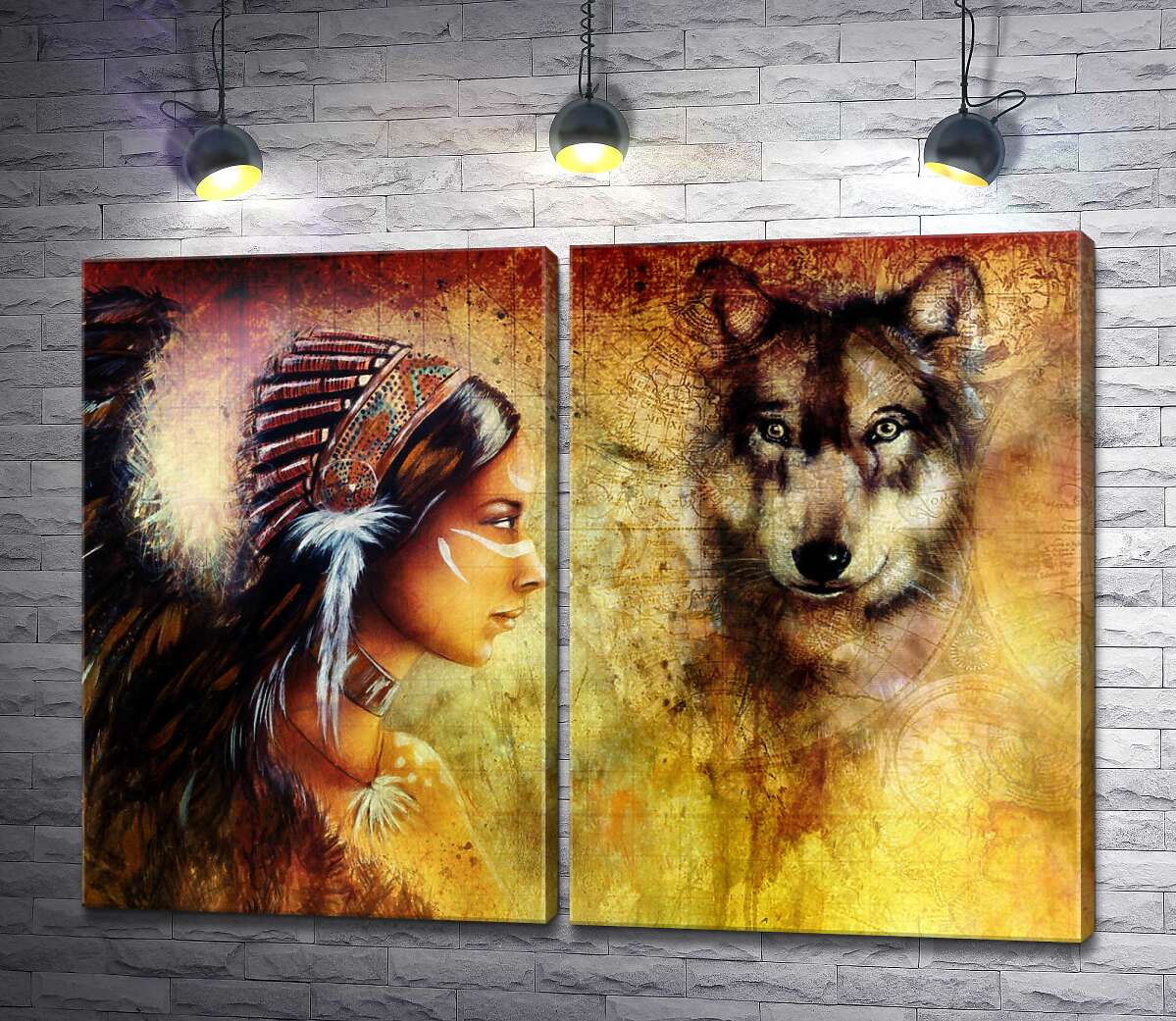 модульна картина Поєднання силуетів індіанки та вовка