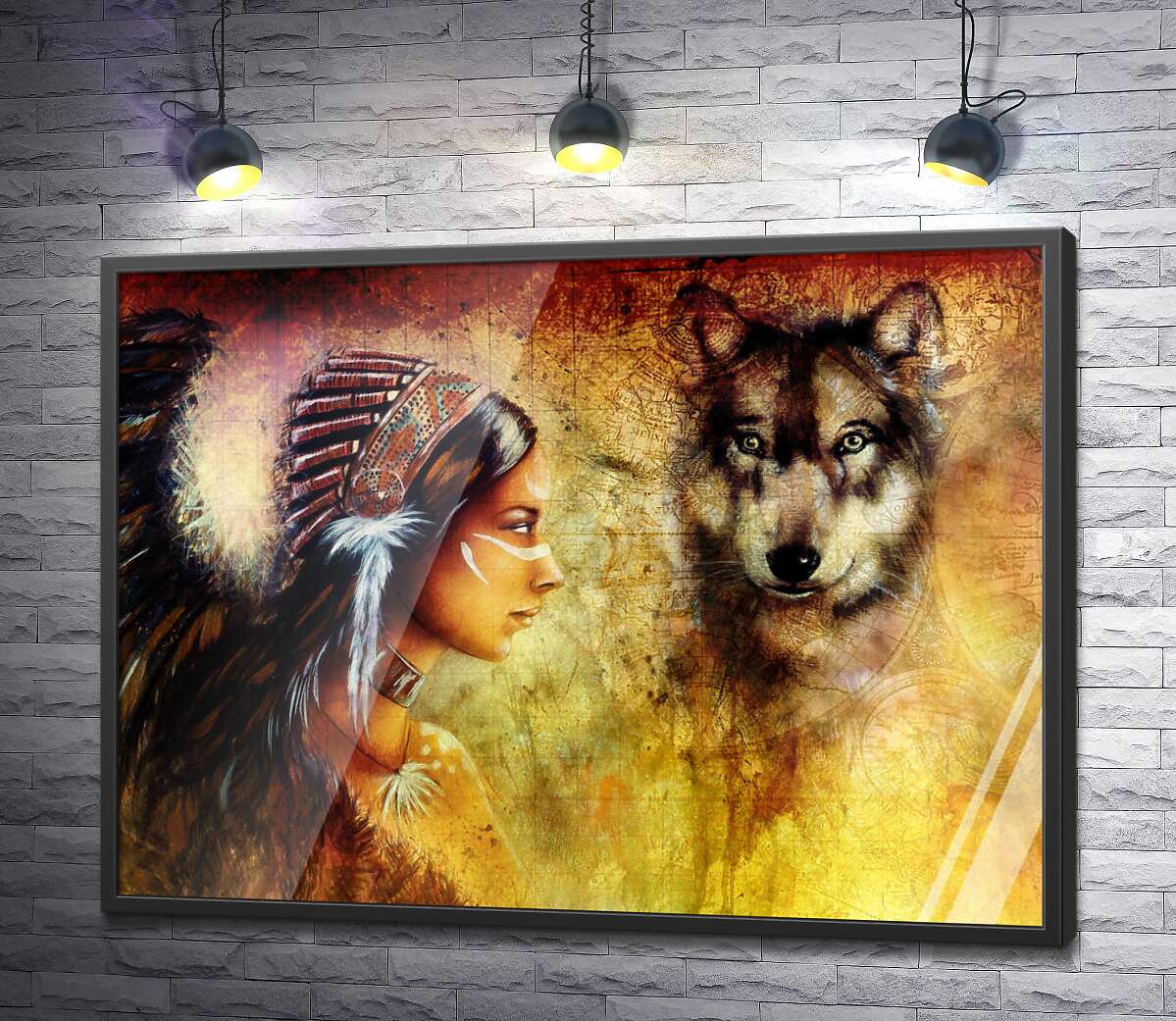 постер Поєднання силуетів індіанки та вовка