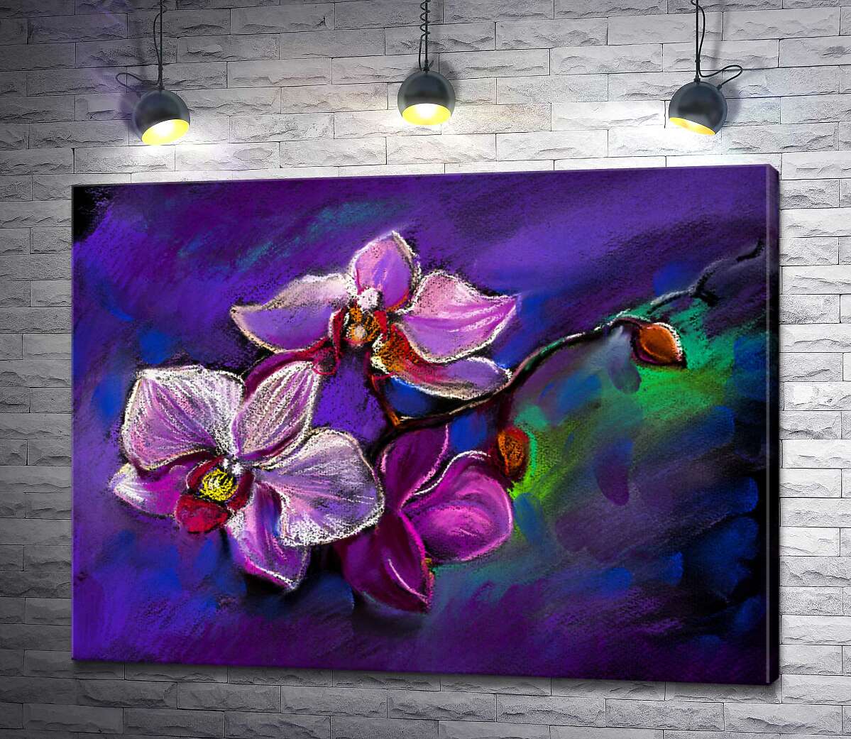 картина Ветвь сиреневой орхидеи на фиолетовом фоне