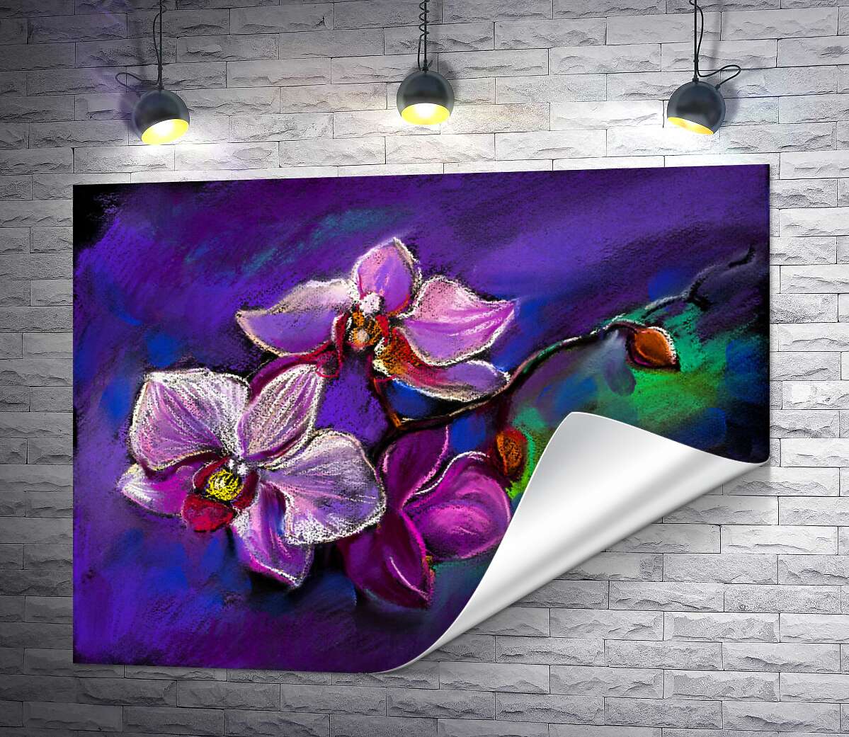 друк Гілка бузкової орхідеї на фіолетовому фоні