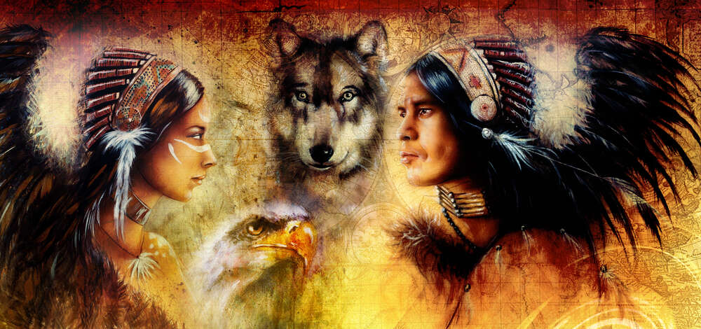 картина-постер Пара индейцев с тотемными животными