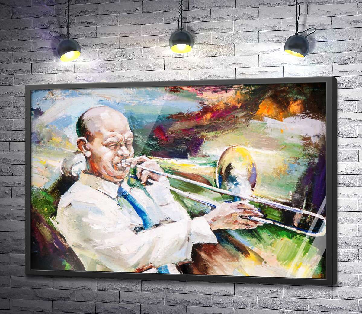 постер Музыкант увлечен игрой на трубе