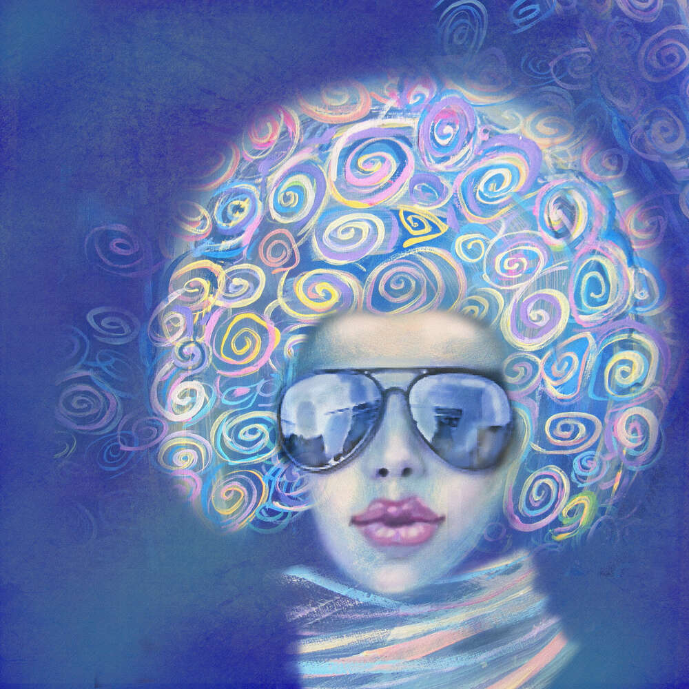 картина-постер Модна дівчина в окулярах з блакитними кучерями