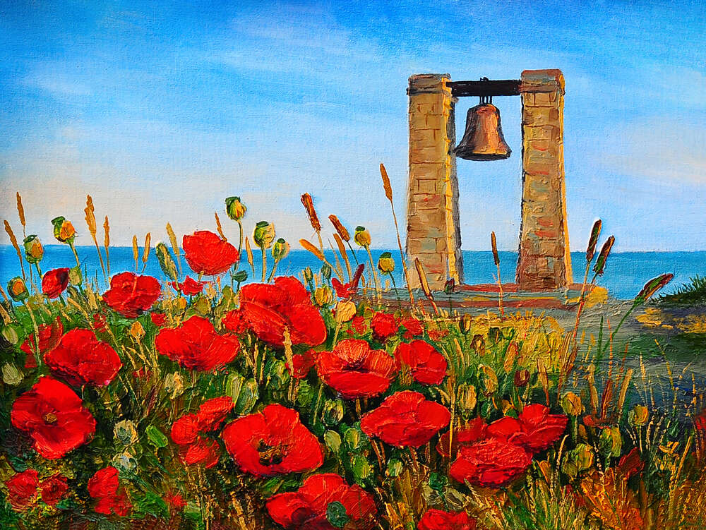 картина-постер Яркие цветы маков растут перед колоколом на берегу моря