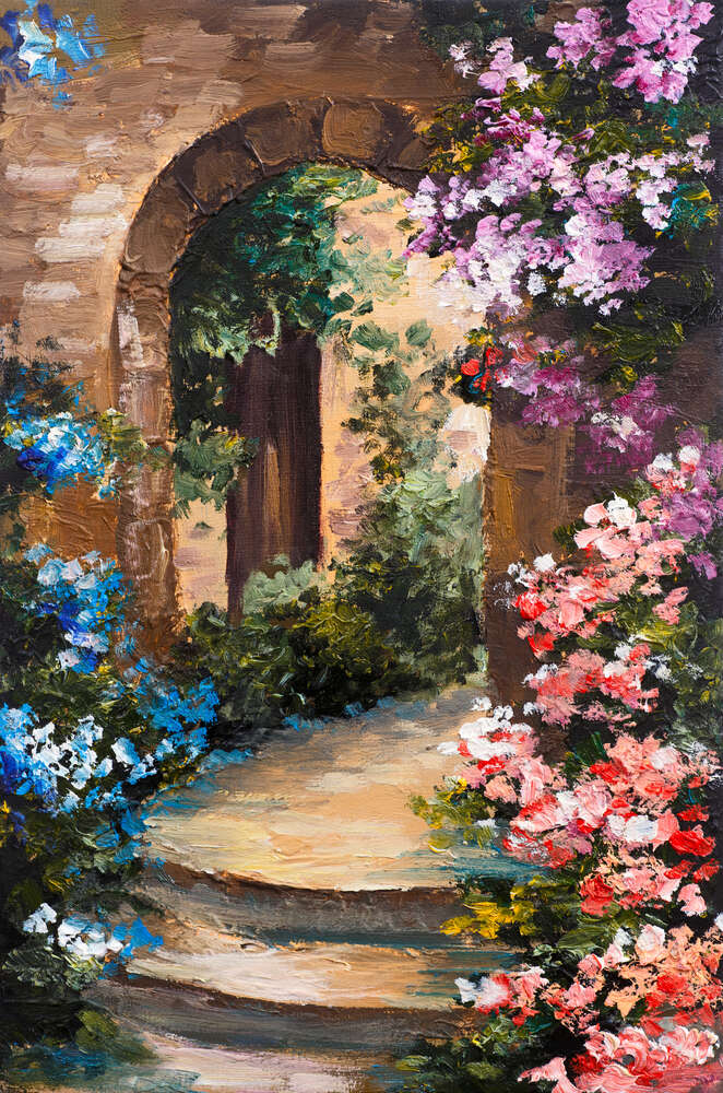 картина-постер Кам'яна арка, обвита кущами квітів