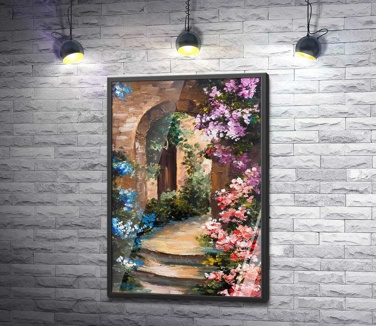 постер Кам'яна арка, обвита кущами квітів