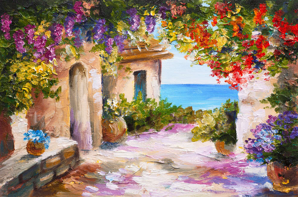 картина-постер Прохладная тень цветущих кустов падает на уютный двор