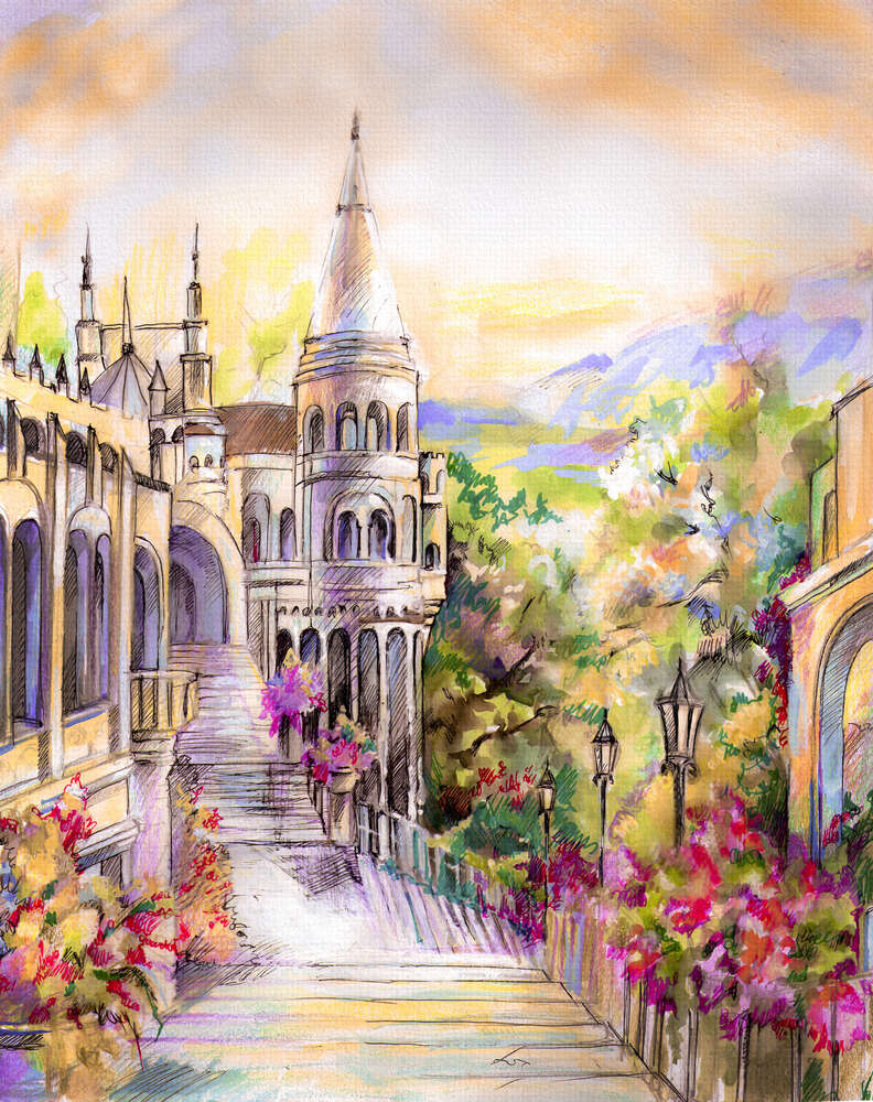 картина-постер Цветущая лестница ведет ко входу в сказочный замок