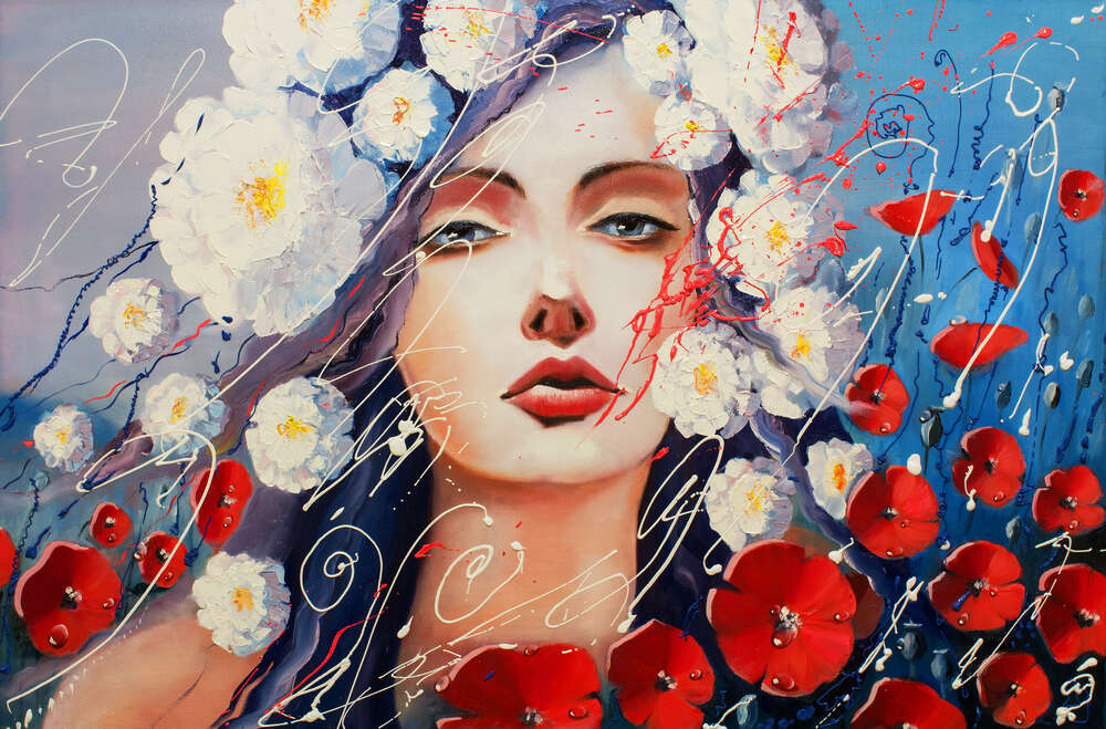 картина-постер Портрет девушки, украшенной белыми георгинами и красными маками