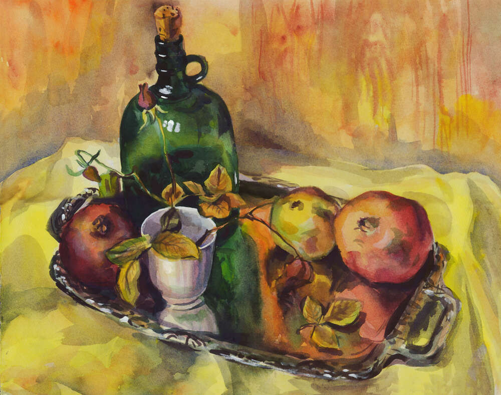 картина-постер Соковиті гранати із пляшкою та пожовклими трояндами у феєрії натюрморту на таці
