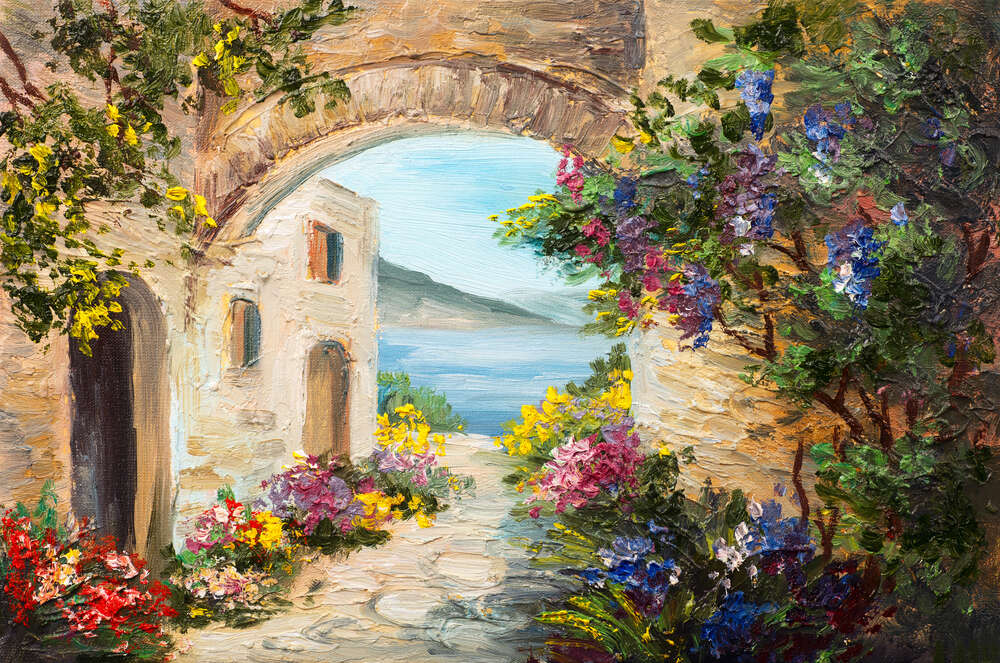 картина-постер Пышная клумба цветет под аркой