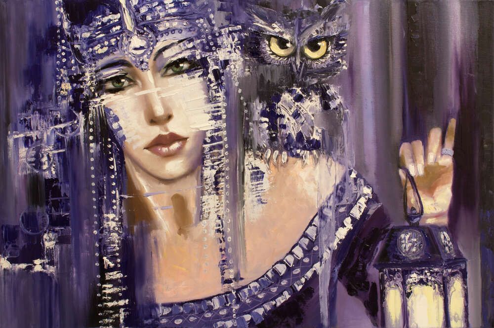картина-постер Таинственная царевна ищет путь с фонарем и совой