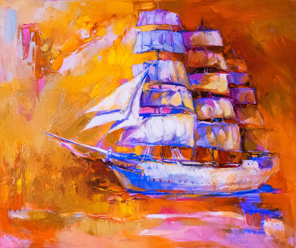 картина-постер Голубой силуэт корабля плывет в оранжевую даль