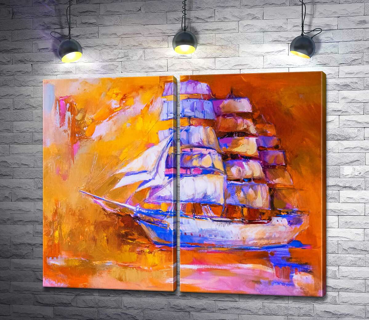 модульная картина Голубой силуэт корабля плывет в оранжевую даль