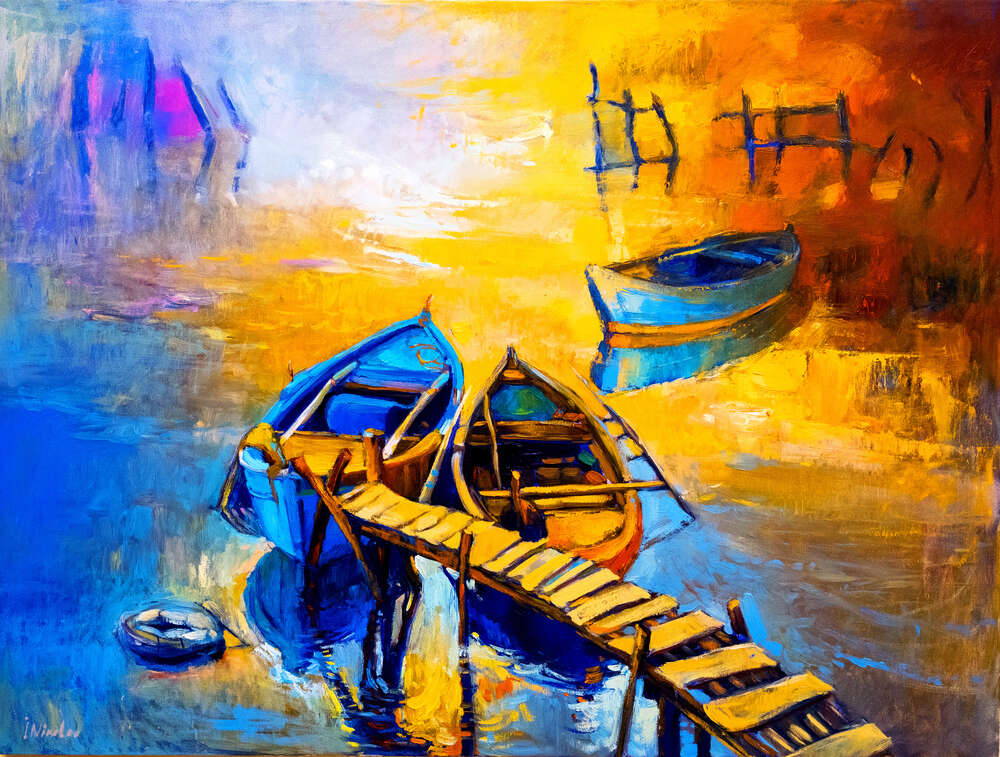 картина-постер Яркие силуэты лодок у старого причала