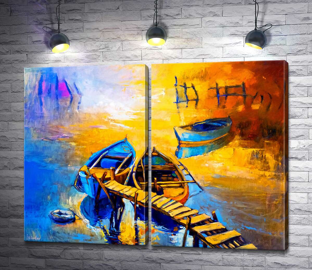модульна картина Яскраві силуети човнів біля старого причалу