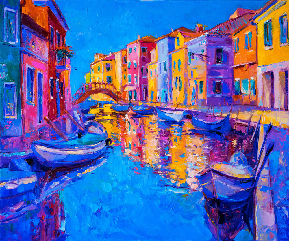 картина-постер Яркая улица цветных домов тянется вдоль венецианского канала