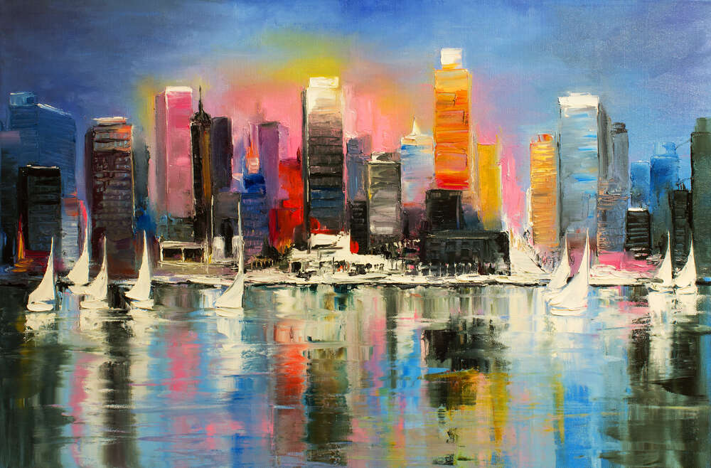 картина-постер Белые паруса яхт виднеются у берегов Манхэттена (Manhattan)