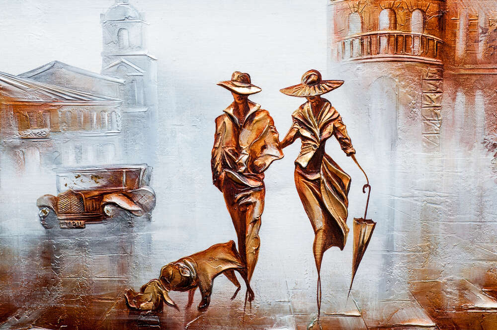 картина-постер Изысканная пара с собакой гуляет по туманному городу