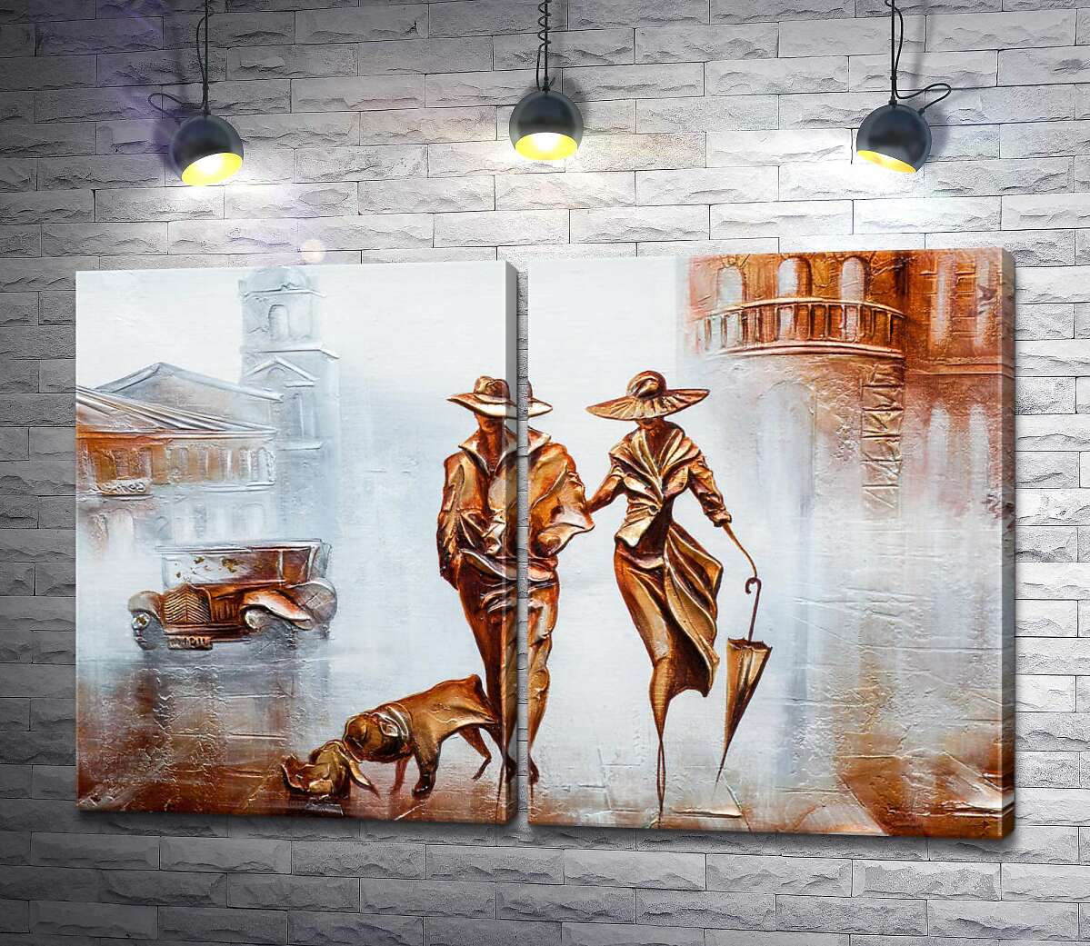 модульная картина Изысканная пара с собакой гуляет по туманному городу