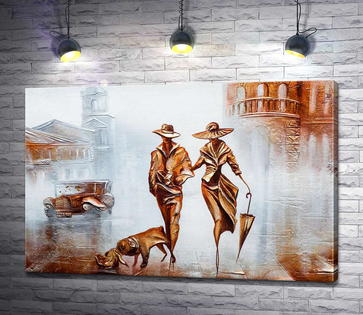 картина Вишукана пара із собакою гуляє туманним містом