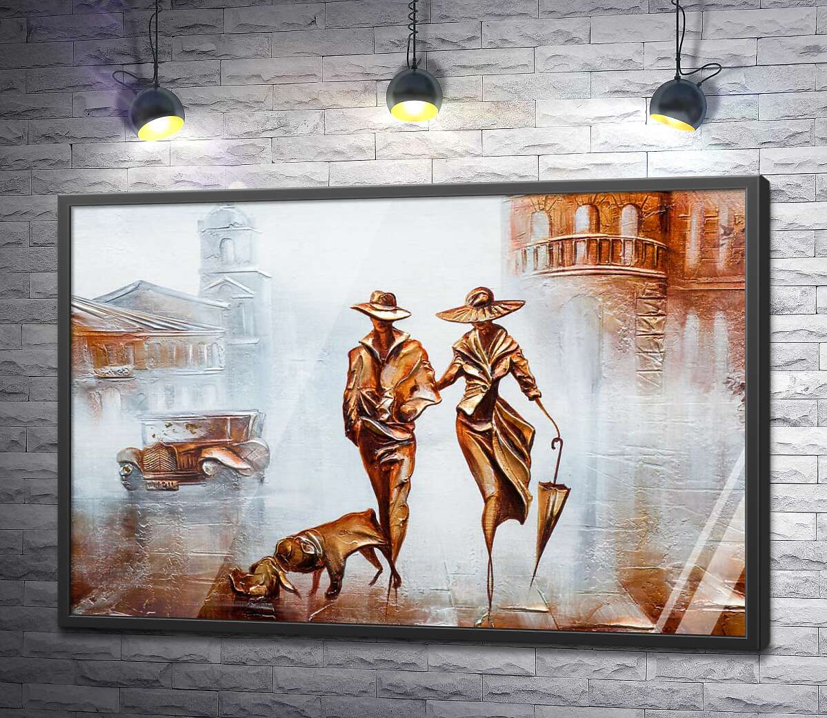 постер Изысканная пара с собакой гуляет по туманному городу