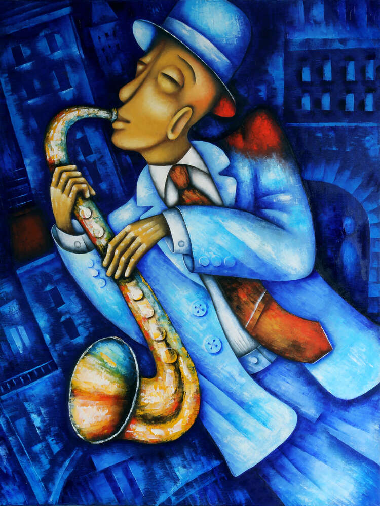 картина-постер Саксофоніст грає мелодію на вулиці вечірнього міста