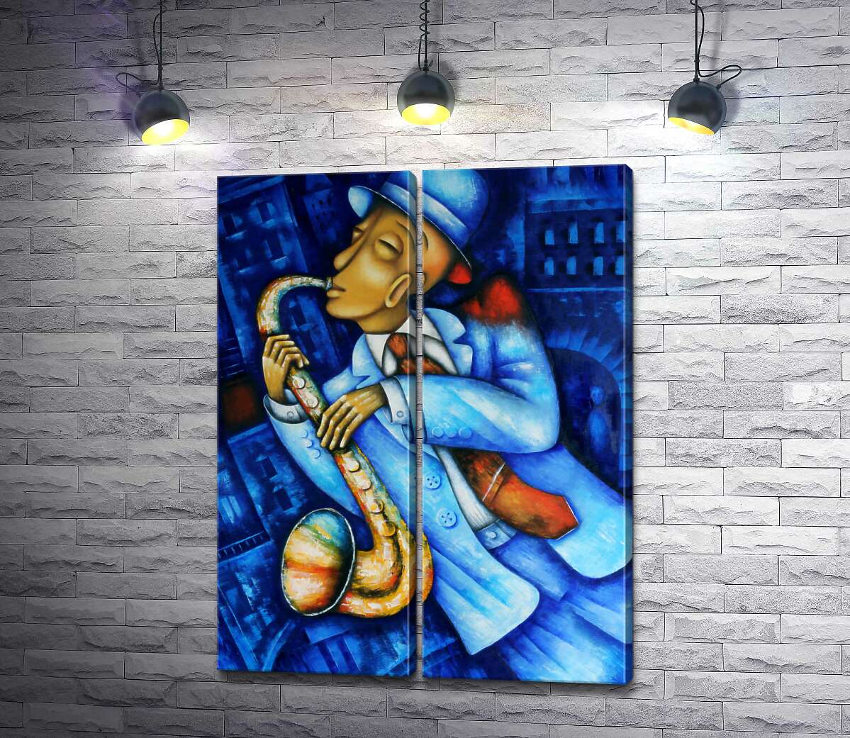 модульная картина Саксофонист играет мелодию на улице вечернего города