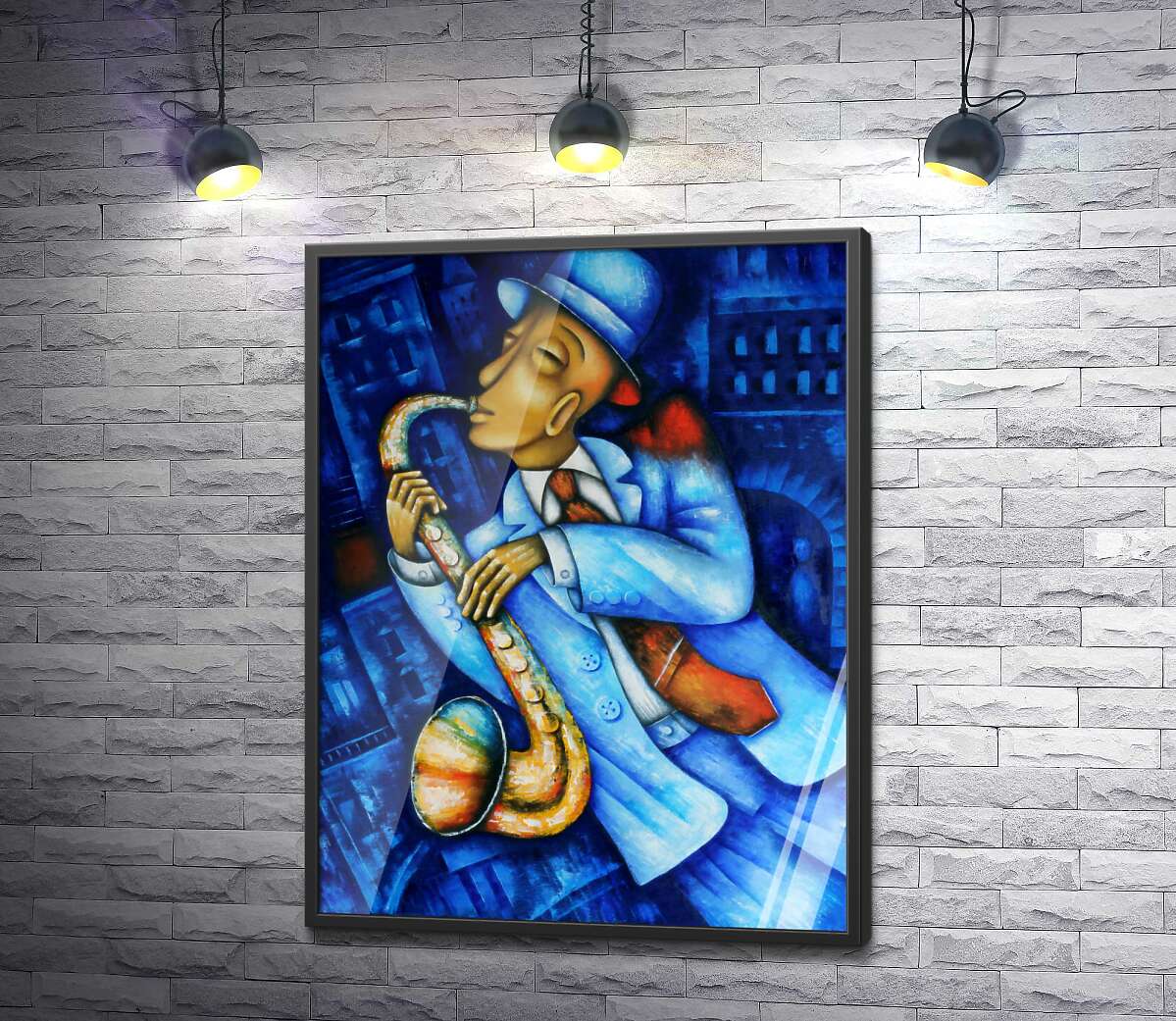 постер Саксофоніст грає мелодію на вулиці вечірнього міста