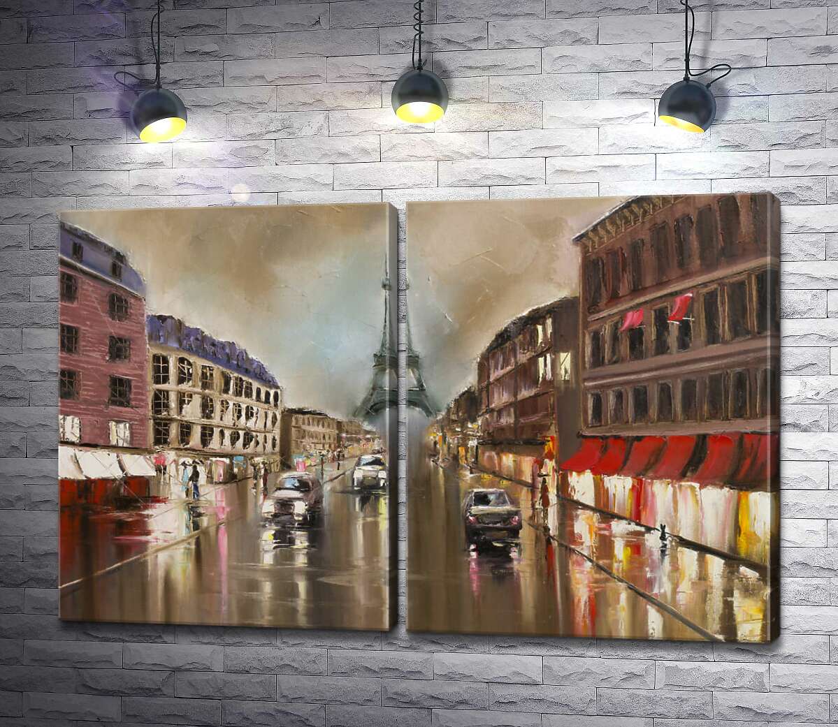 модульная картина Мокрая дорога осеннего Парижа ведет к Эйфелевой башне (Eiffel tower)