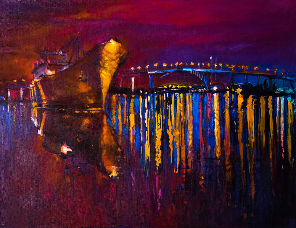 картина-постер Золотистий ніс корабля розрізає води нічної річки