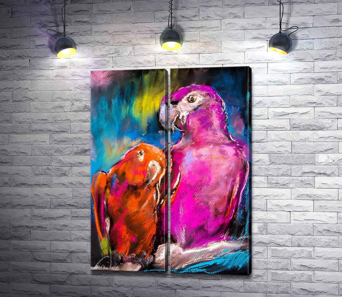 модульная картина Розовый и красный попугаи сидят на ветке