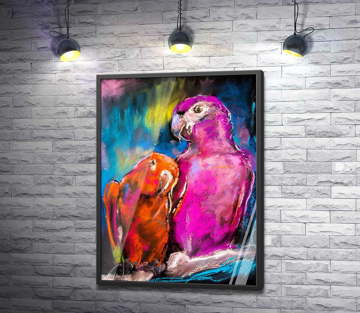 постер Розовый и красный попугаи сидят на ветке