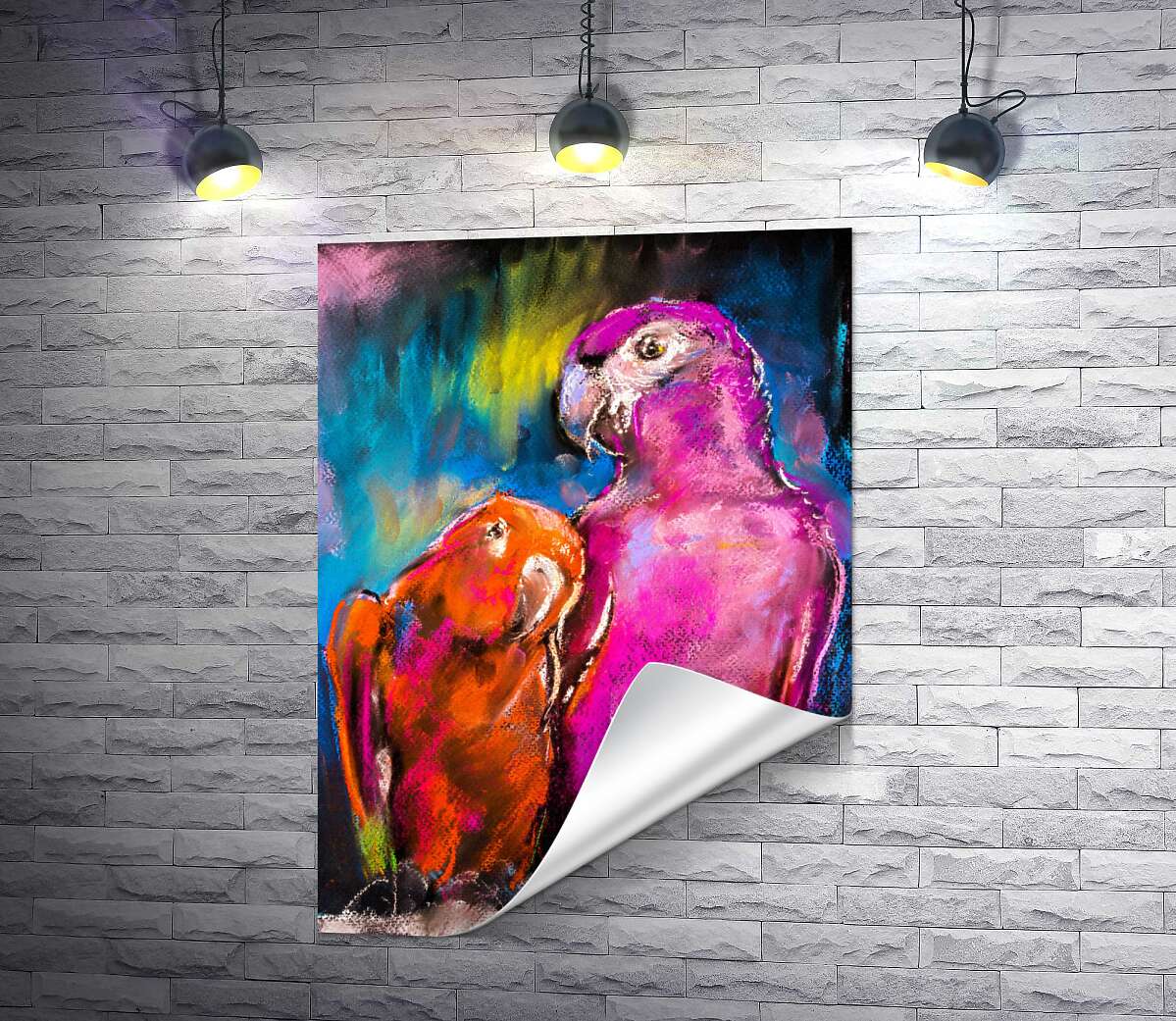 друк Рожевий та червоний папуги сидять на гілці