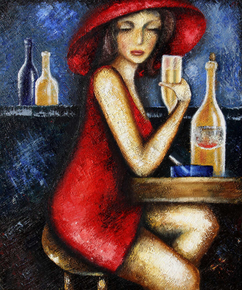 картина-постер Дама в красном отдыхает за столиком с бокалом шампанского.