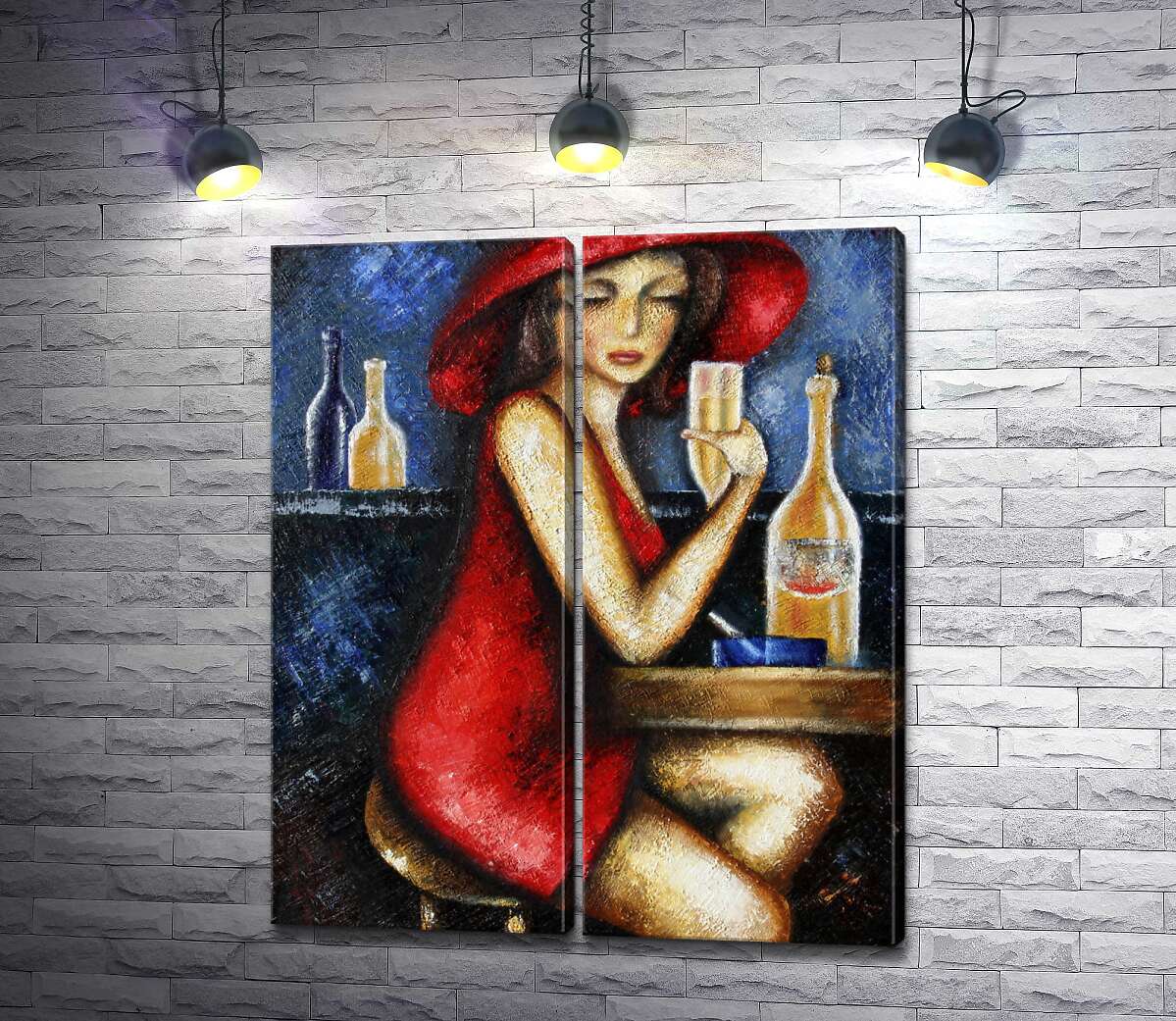 модульная картина Дама в красном отдыхает за столиком с бокалом шампанского.