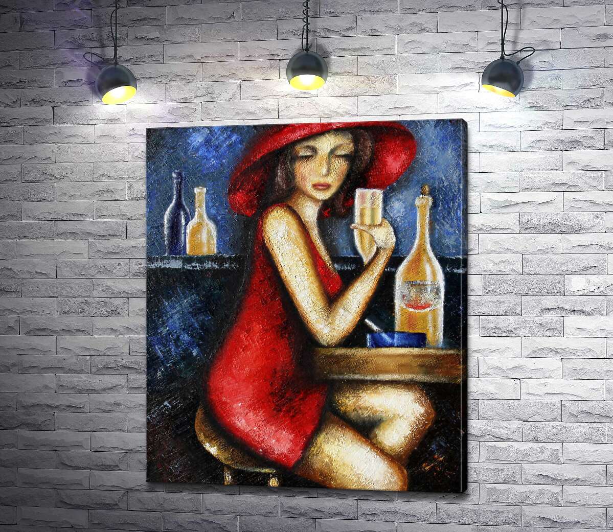 картина Дама в красном отдыхает за столиком с бокалом шампанского.