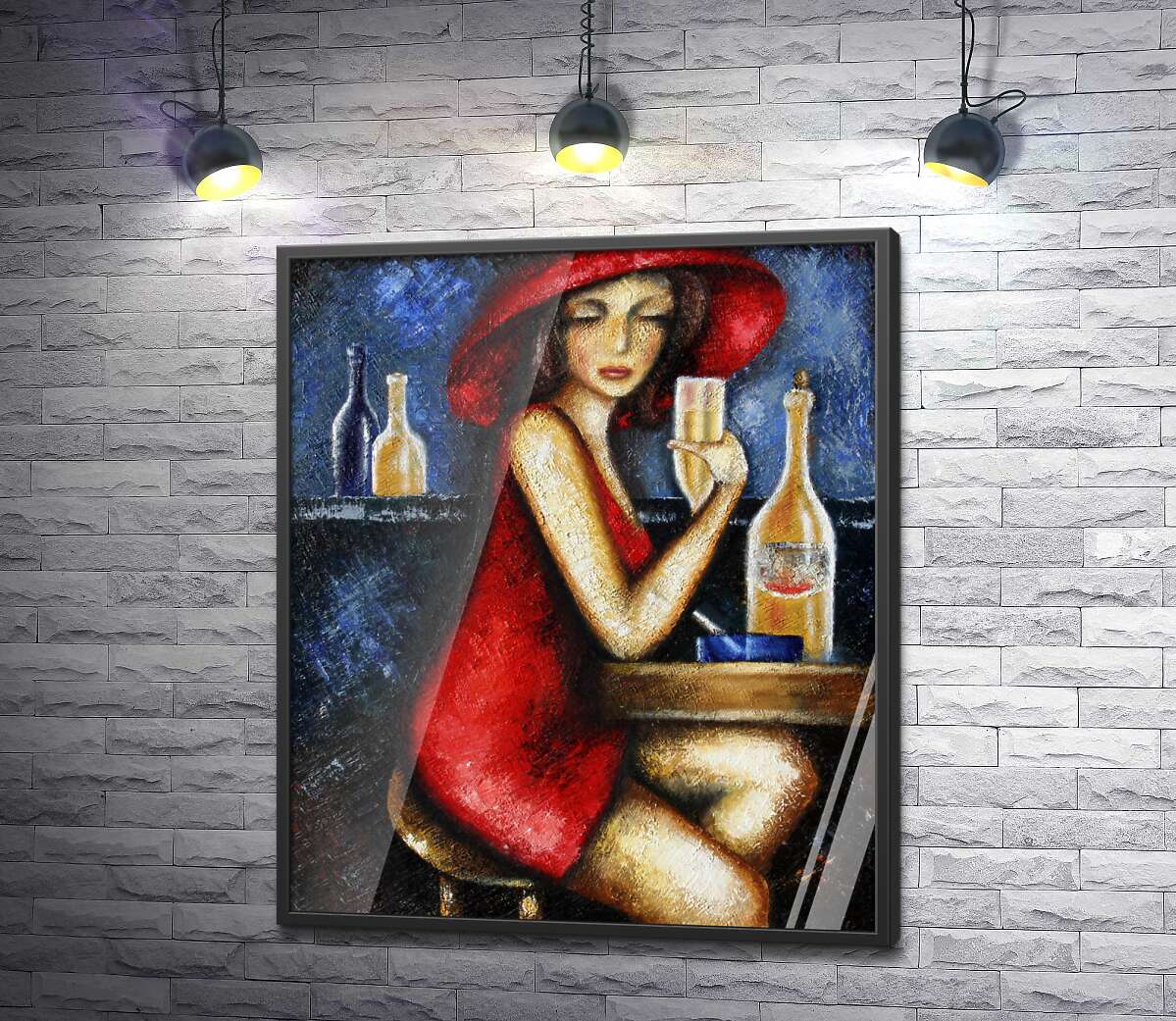 постер Дама в красном отдыхает за столиком с бокалом шампанского.