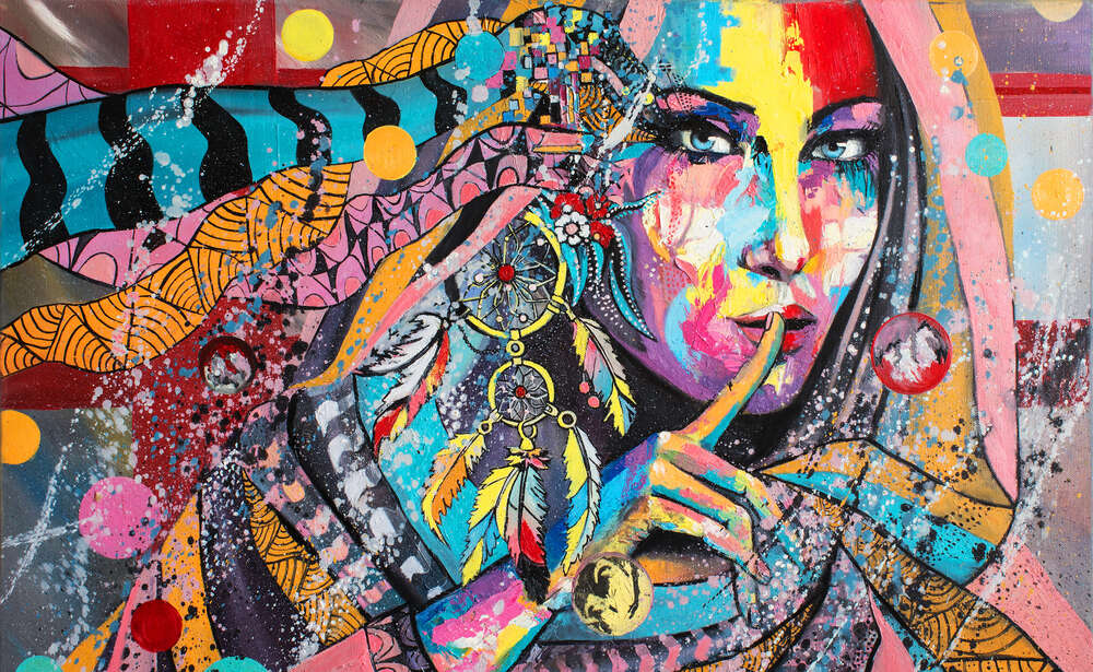 картина-постер Кольорові стрічки обвивають таємничий силует дівчини