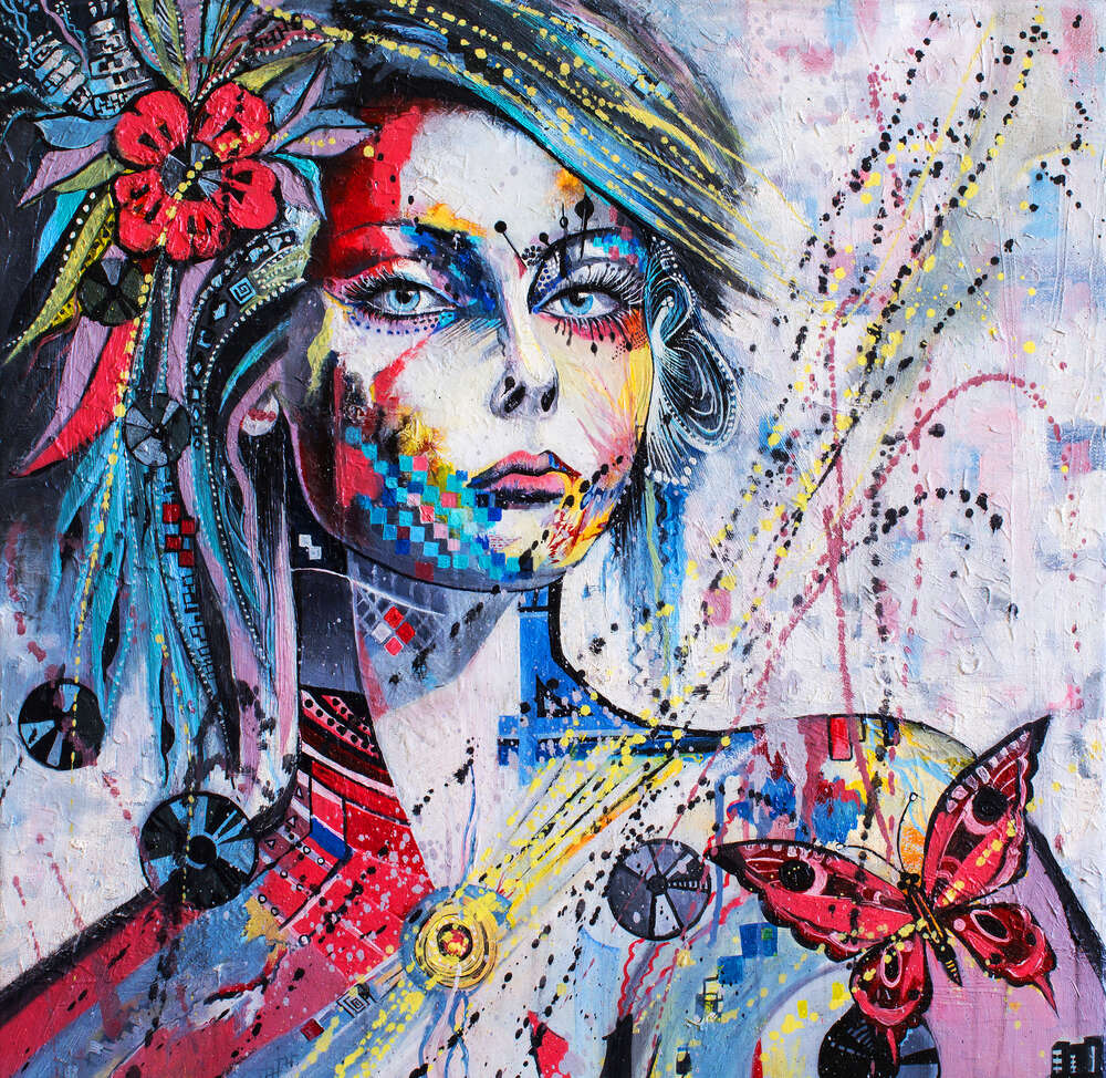 картина-постер Спокійний вираз обличчя дівчини, прикрашеної строкатими візерунками