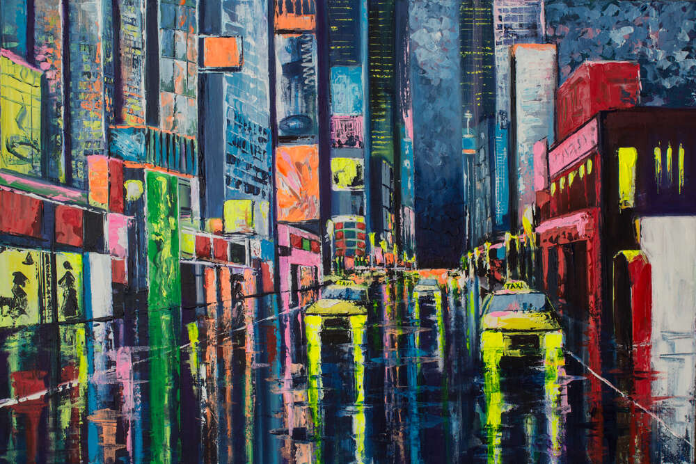 картина-постер Яркие рекламные вывески заполонили небоскребы дождливого Нью-Йорка