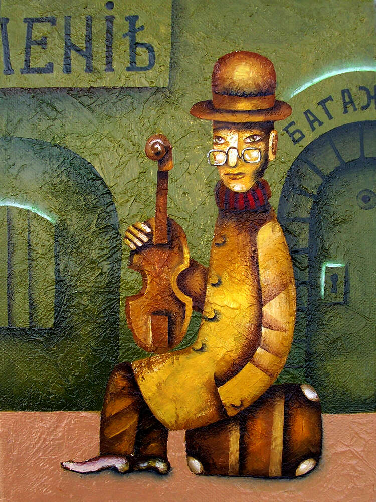 картина-постер Скрипач в очках сидит на чемодане возле вокзала