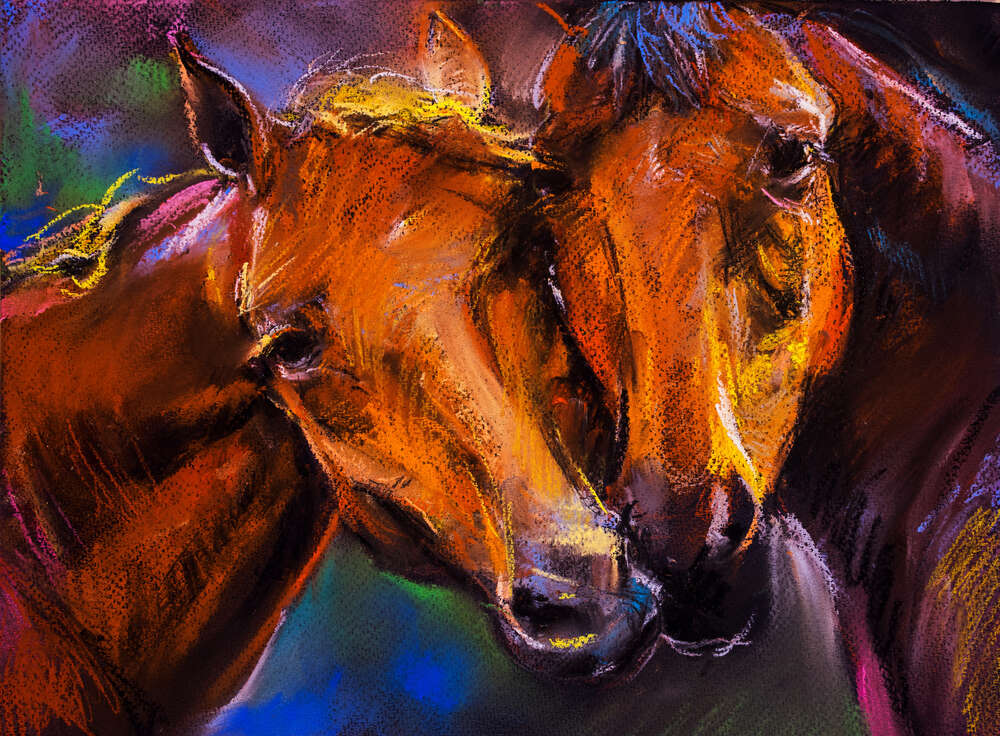 картина-постер Две гнедые лошади нежатся друг возле друга