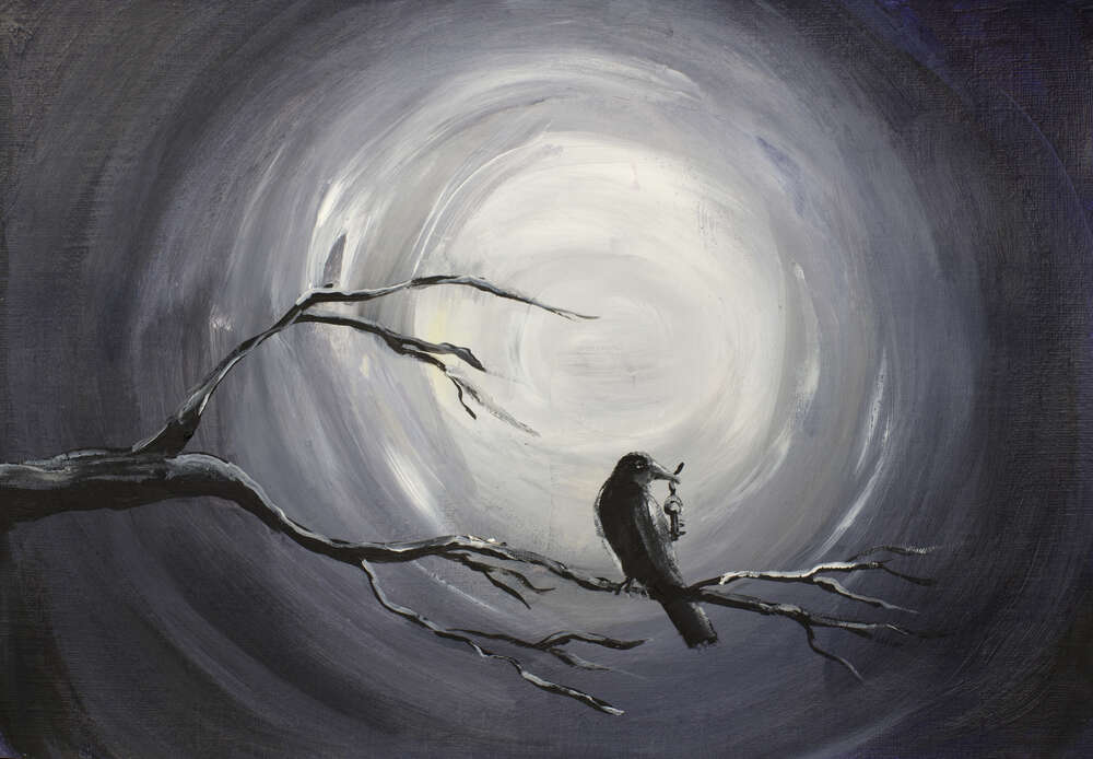 картина-постер Темный силуэт ворона на ветке в свете луны