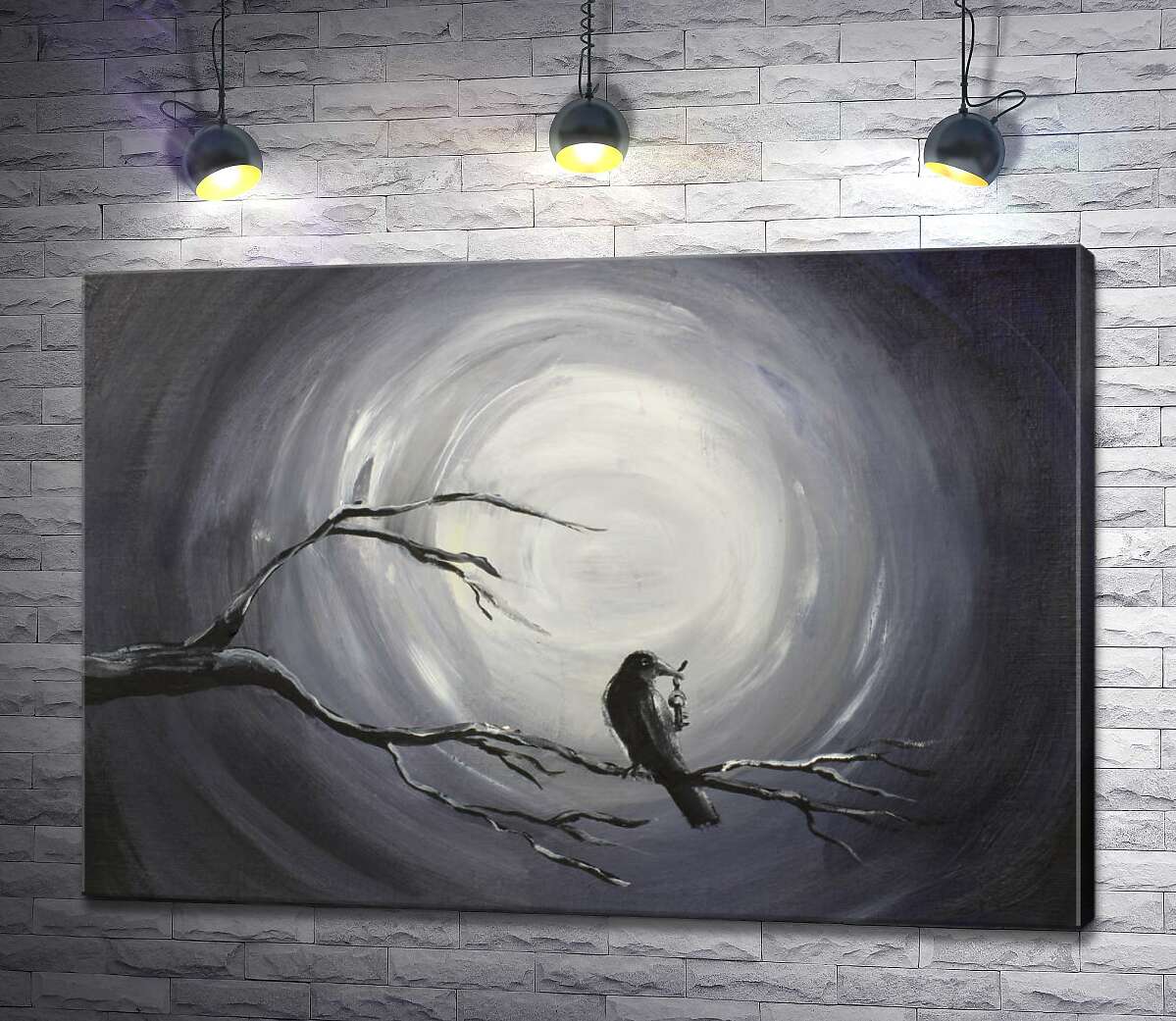 картина Темный силуэт ворона на ветке в свете луны