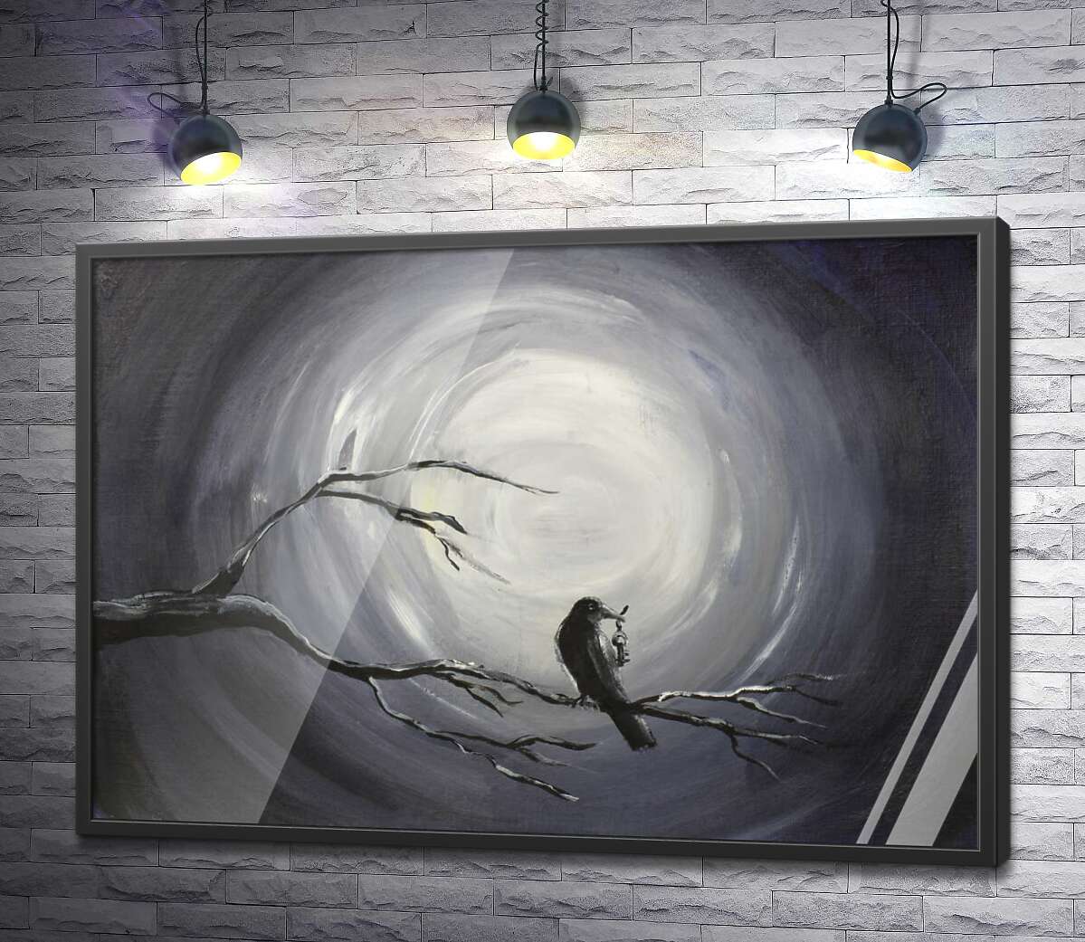 постер Темний силует ворона на гілці у світлі місяця