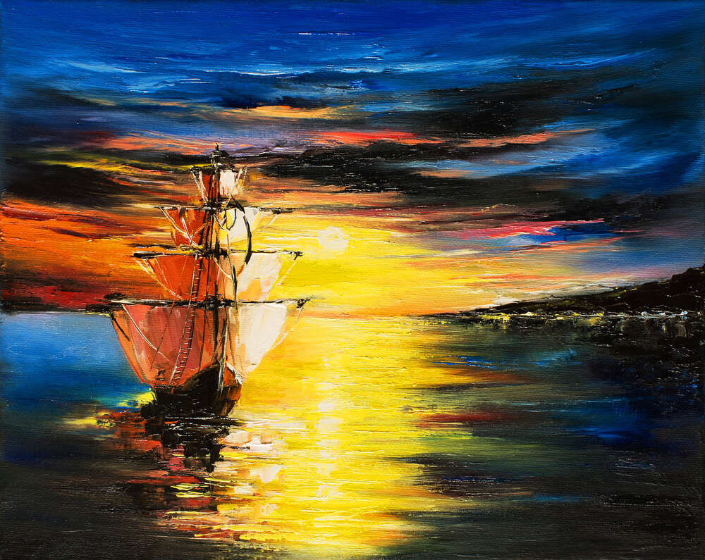 картина-постер Парусный корабль подплывает к вечернему городу
